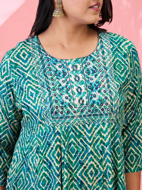 Globus Gloplus Women Green Round Embroidered Yoke Geometric Print Flared Hem Plus Size A-Line Kurta