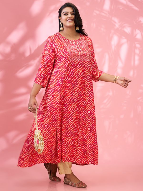 Globus Gloplus Women Red Round Embroidered Yoke Geometric Print Flared Hem Plus Size A-Line Kurta