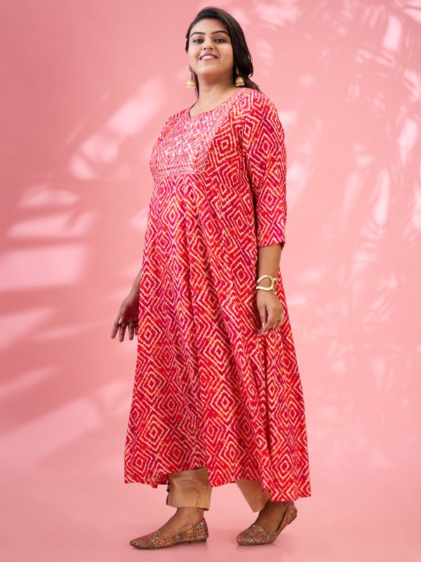 Globus Gloplus Women Red Round Embroidered Yoke Geometric Print Flared Hem Plus Size A-Line Kurta