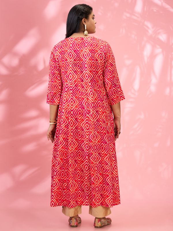 Globus Gloplus Women Red Round Embroidered Yoke Geometric Print Flared Hem Plus Size A-Line Kurta