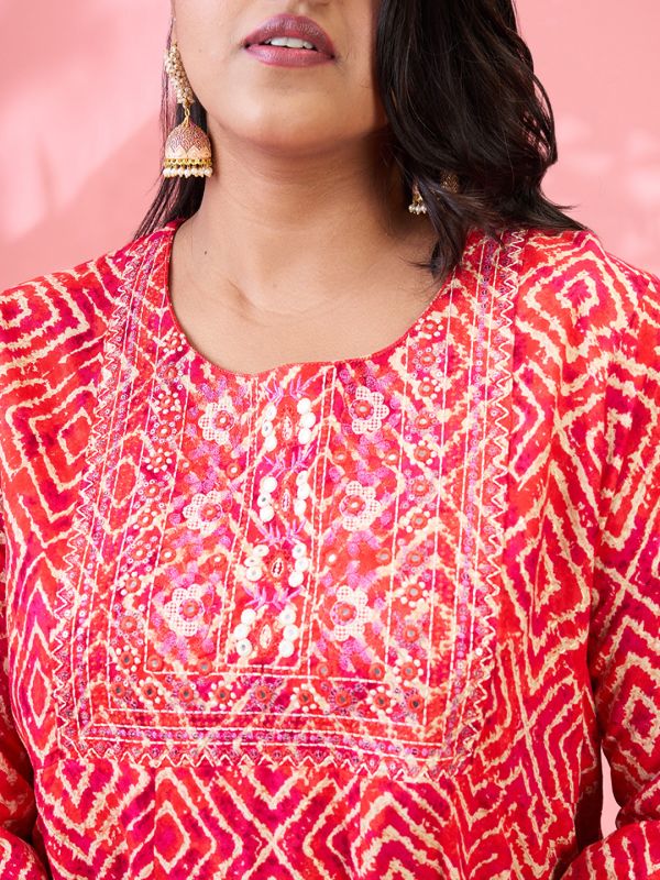 Globus Gloplus Women Red Round Embroidered Yoke Geometric Print Flared Hem Plus Size A-Line Kurta