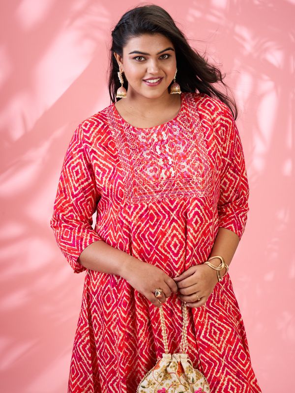Globus Gloplus Women Red Round Embroidered Yoke Geometric Print Flared Hem Plus Size A-Line Kurta