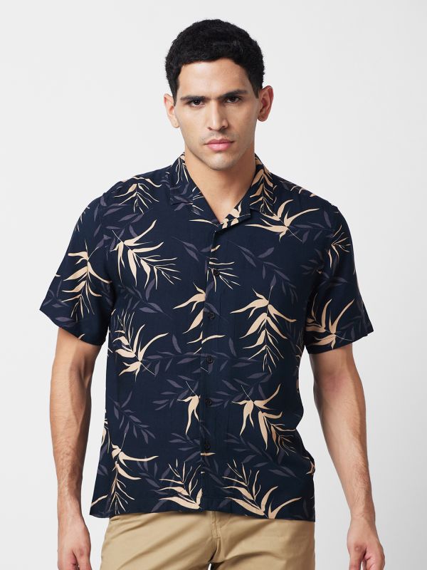 Globus Men Black Cuban Collar Tropical Print Smart Causal Shirt