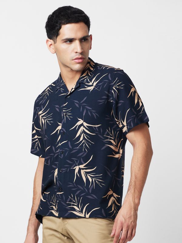 Globus Men Black Cuban Collar Tropical Print Smart Causal Shirt