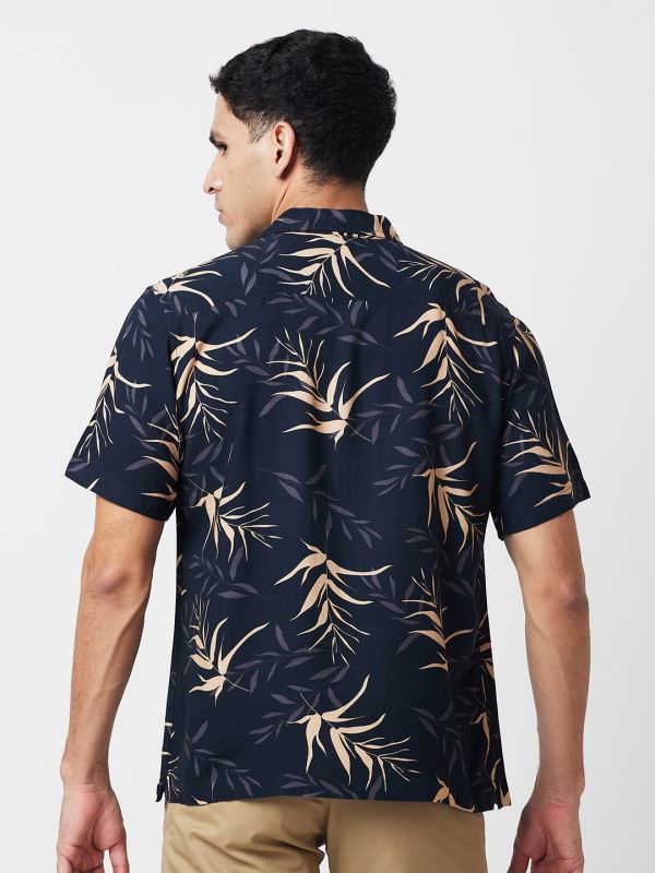 Globus Men Black Cuban Collar Tropical Print Smart Causal Shirt