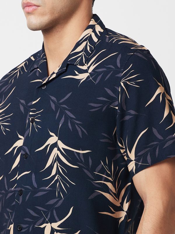 Globus Men Black Cuban Collar Tropical Print Smart Causal Shirt