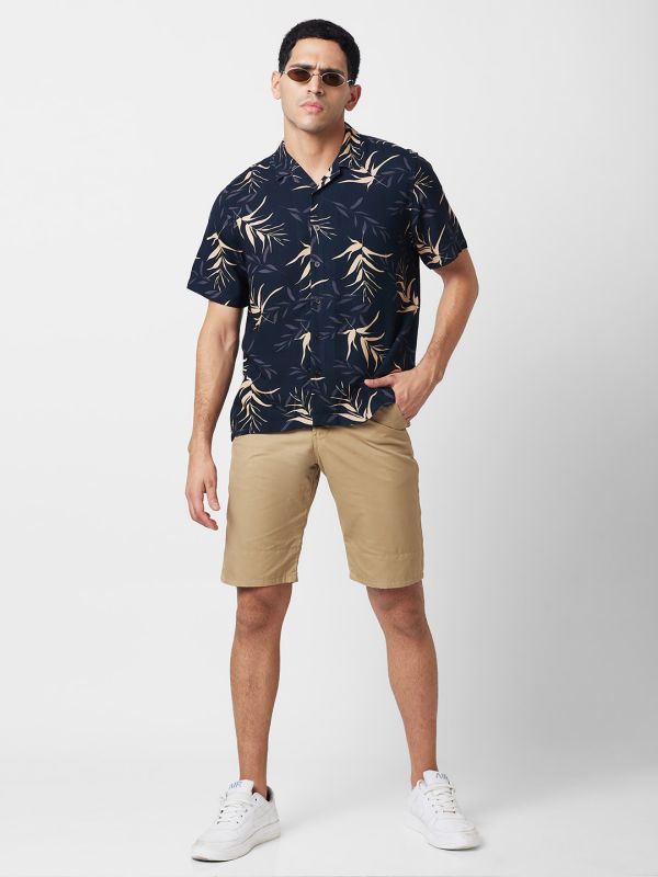 Globus Men Black Cuban Collar Tropical Print Smart Causal Shirt