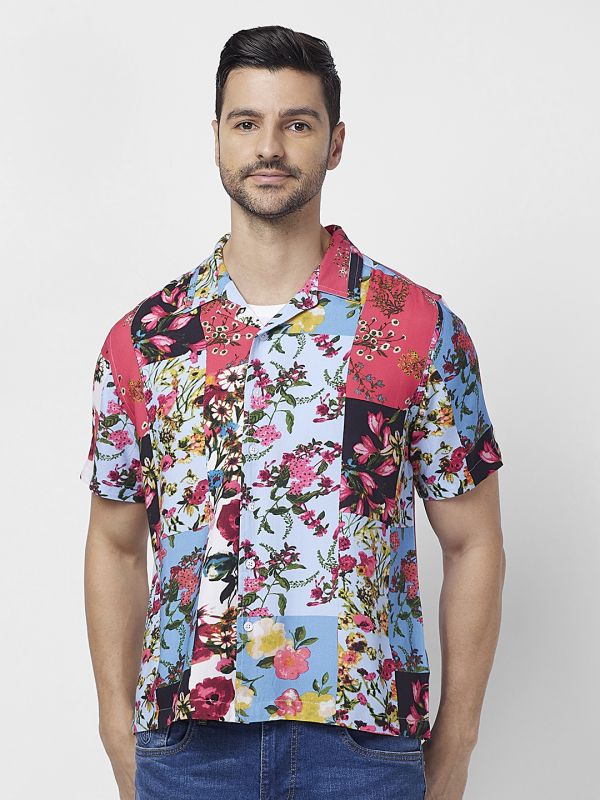 Globus Men Blue Cuban Collar Floral Patch Print Opaque Smart Casual Shirt