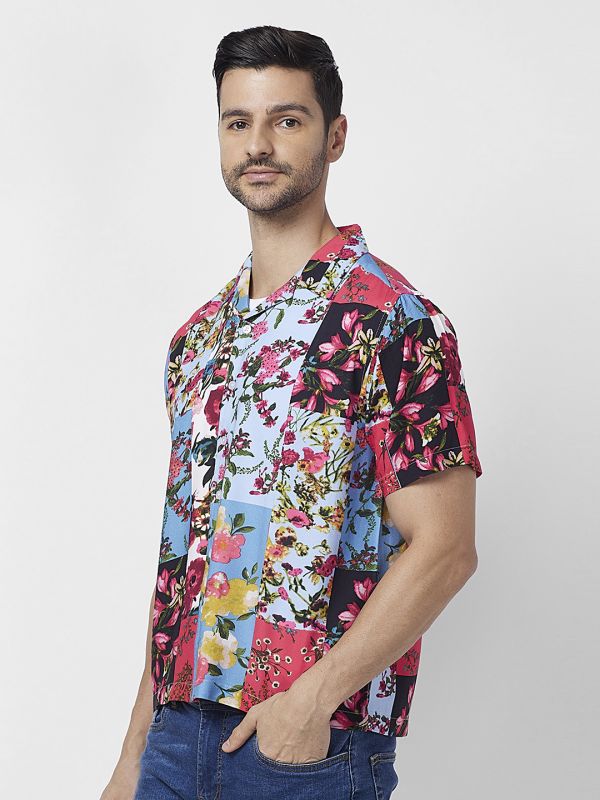Globus Men Blue Cuban Collar Floral Patch Print Opaque Smart Casual Shirt