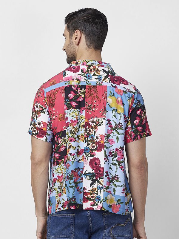 Globus Men Blue Cuban Collar Floral Patch Print Opaque Smart Casual Shirt