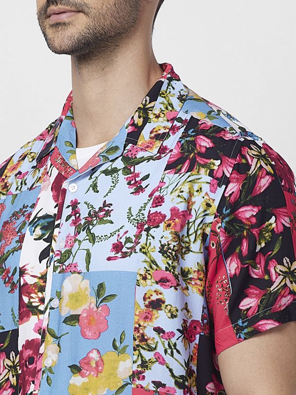 Globus Men Blue Cuban Collar Floral Patch Print Opaque Smart Casual Shirt