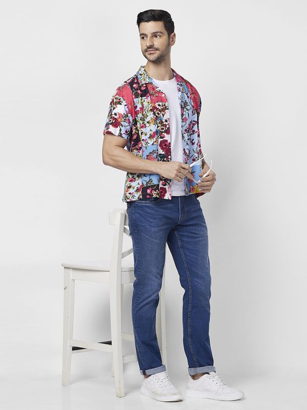 Globus Men Blue Cuban Collar Floral Patch Print Opaque Smart Casual Shirt