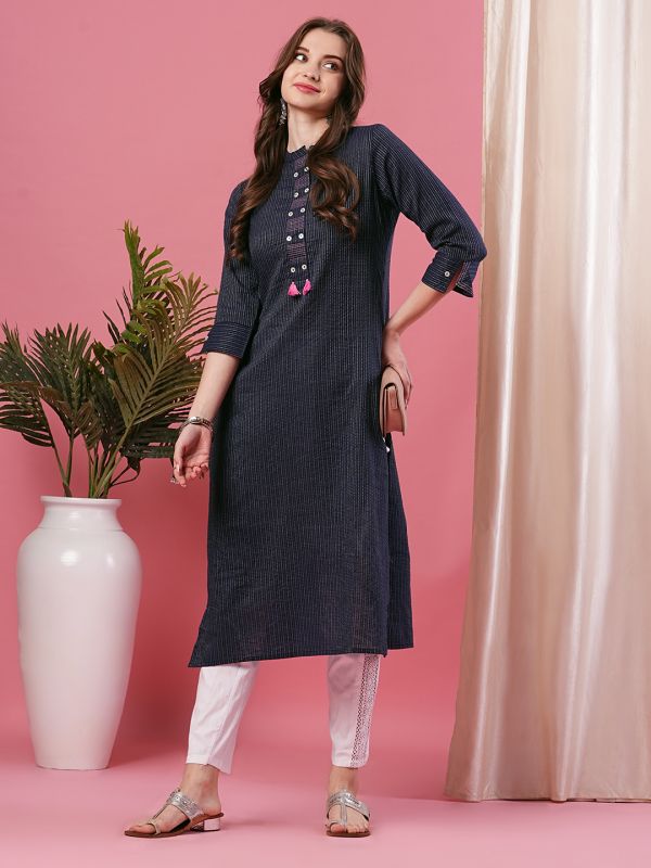 Globus Blue Woven Design Kurta