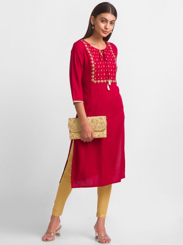 Globus Maroon Embroidered Kurta