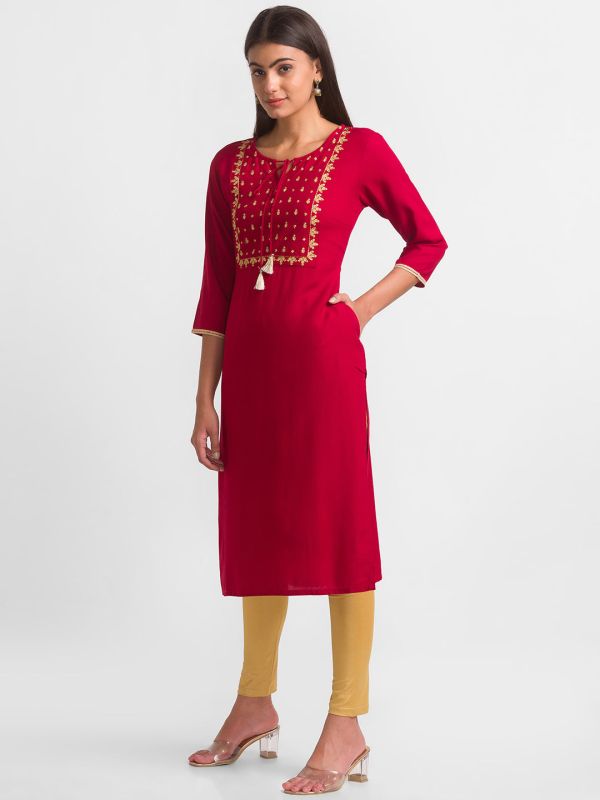 Globus Maroon Embroidered Kurta