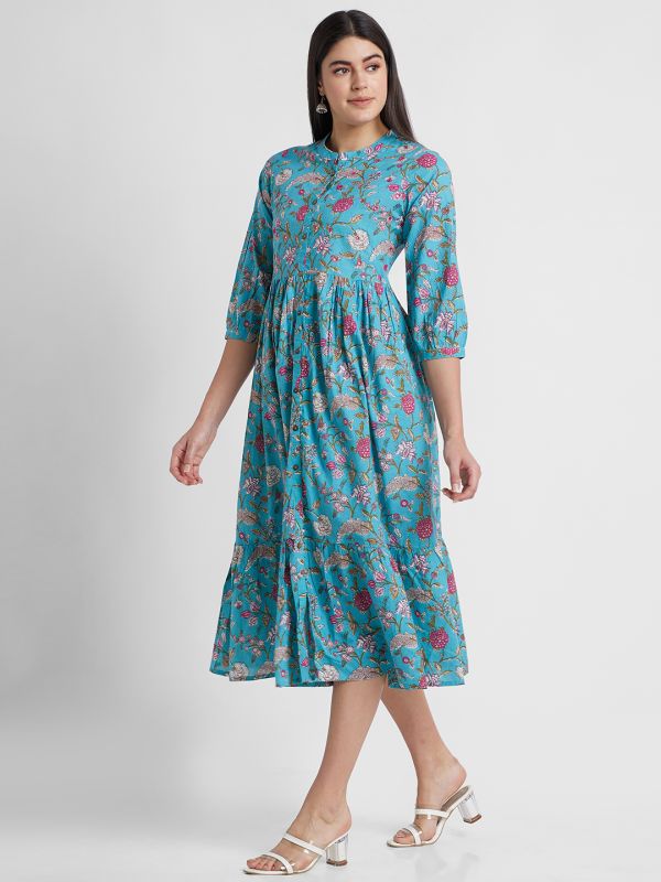 Globus Women Teal Printed Mandarin Collar A-Line Midi Dress