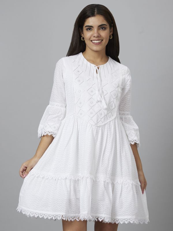 Globus Women Ivory Embroidered A-Line Dress