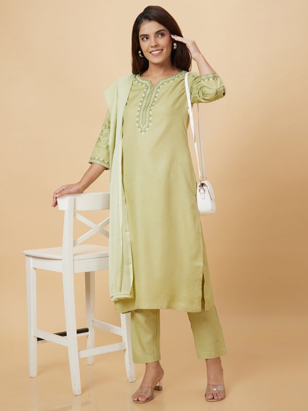 Globus Women Green Embroidered Kurta Set with Trouser