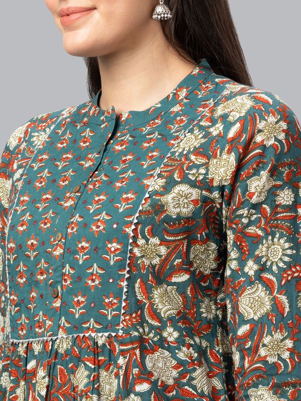 Globus Women Green Mandarin Collar Printed Panelled Kurta Set with Trouser