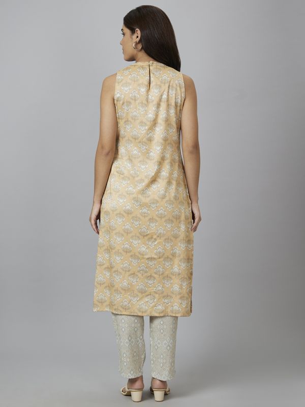 Globus Women Yellow Printed Band Collar Straight Kurta Set with Trouser