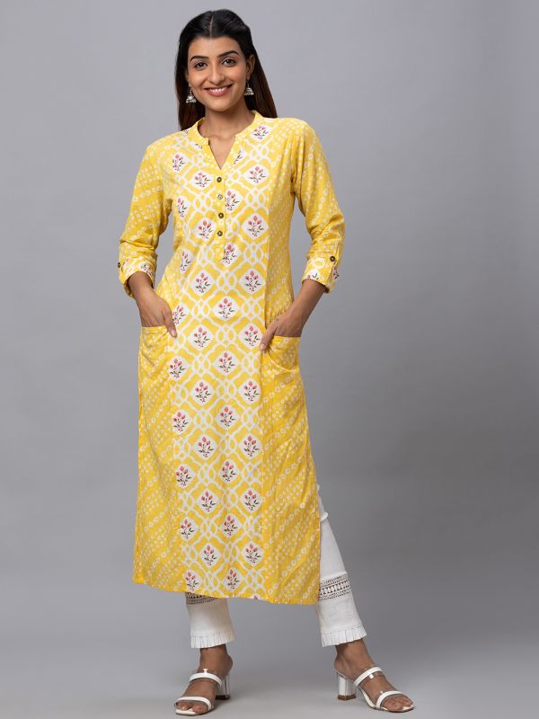 Globus Women Yellow Printed Mandarin Collar 3/4 Sleeves Straight Kurta