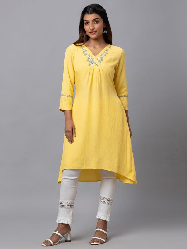 Globus Women Yellow Solid V Neck 3/4 Sleeve A-Line Kurta With Neck Embroidery Detail