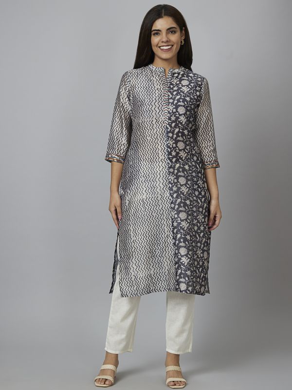Globus Women Charcoal Printed Straight Kurta