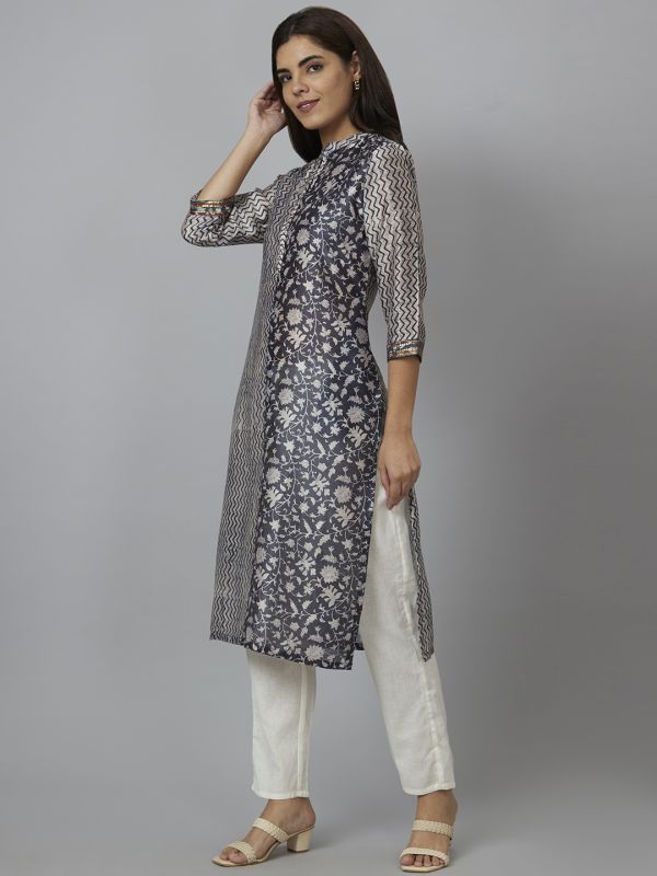 Globus Women Charcoal Printed Straight Kurta
