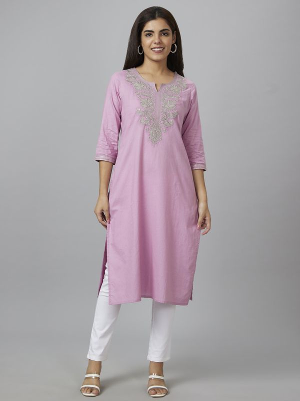 Globus Women Pink Yoke Embroidered Straight Kurta