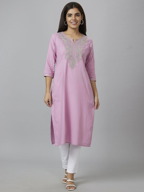 Globus Women Pink Yoke Embroidered Straight Kurta