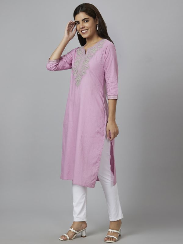 Globus Women Pink Yoke Embroidered Straight Kurta