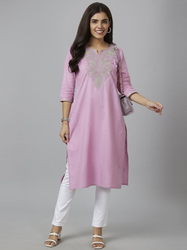 Globus Women Pink Yoke Embroidered Straight Kurta