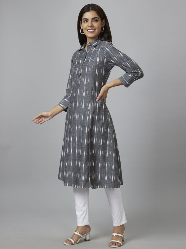 Globus Women Grey Woven Design A-Line Kurta