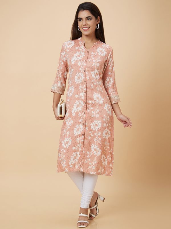 Globus Women Peach Printed Straight Kurta
