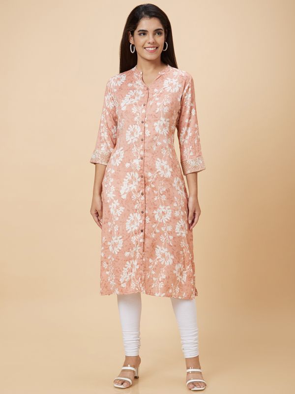 Globus Women Peach Printed Straight Kurta