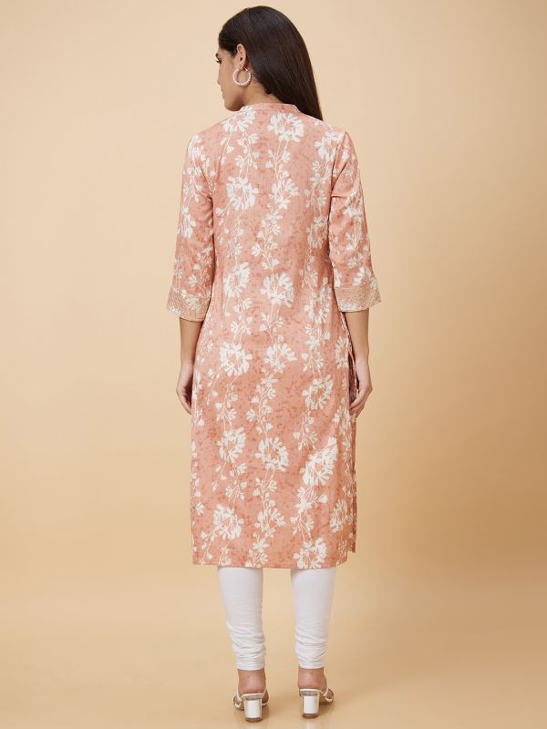 Globus Women Peach Printed Straight Kurta