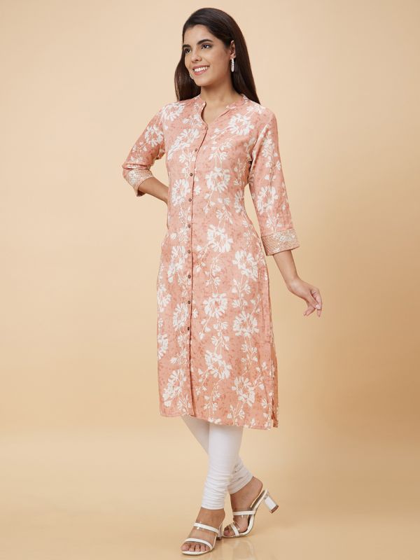 Globus Women Peach Printed Straight Kurta