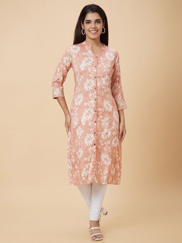 Globus Women Peach Printed Straight Kurta