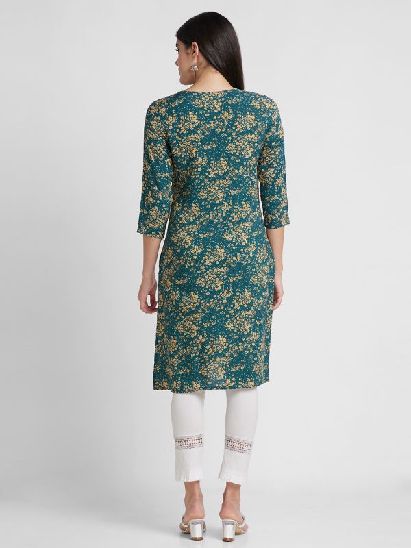 Globus Women Green Printed Round Neck Straight Kurta