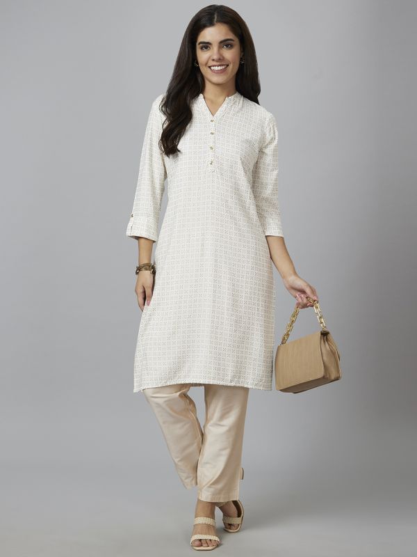 Globus Women Off White Printed Straight Kurta