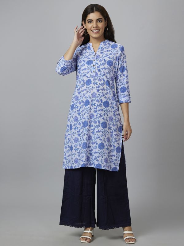 Globus Women Blue Printed Straight Kurta
