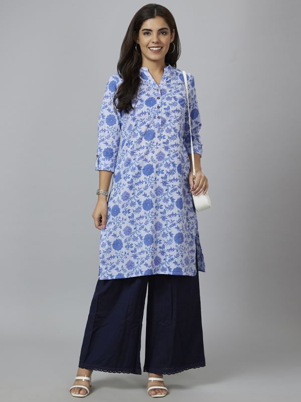 Globus Women Blue Printed Straight Kurta