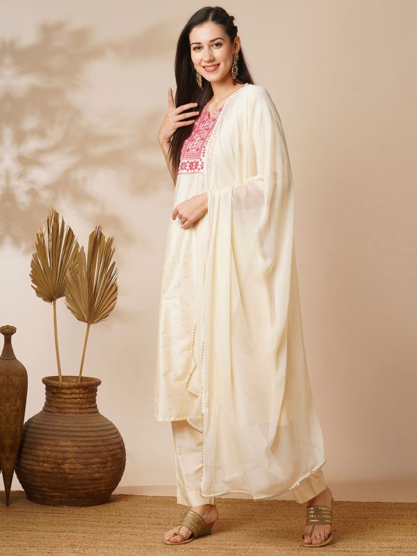 Globus Women Off White Embroidered A-Line Kurta Set with Trouser and Dupatta