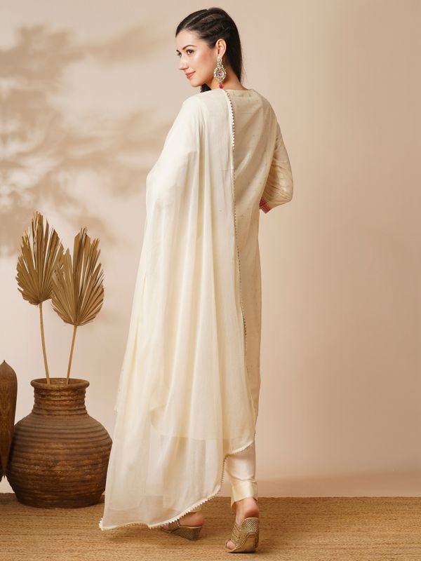 Globus Women Off White Embroidered A-Line Kurta Set with Trouser and Dupatta