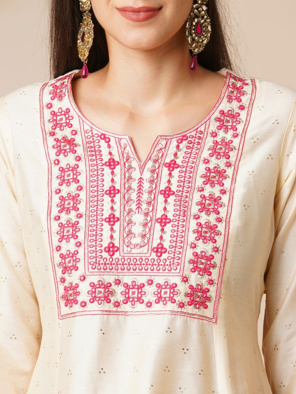 Globus Women Off White Embroidered A-Line Kurta Set with Trouser and Dupatta