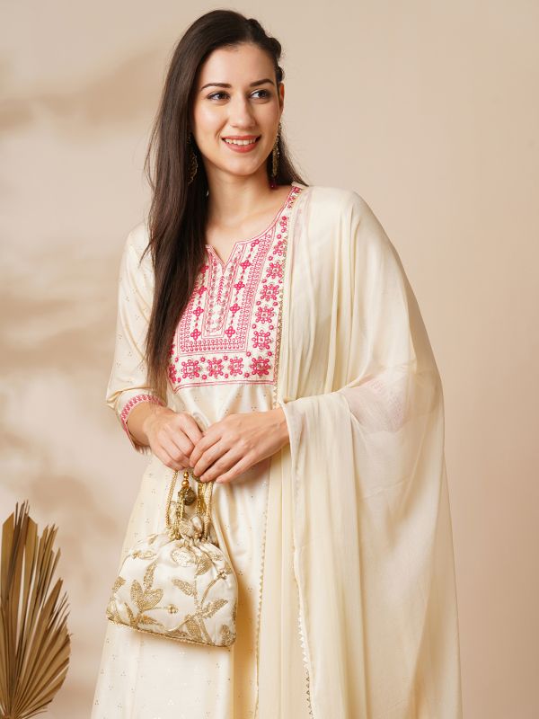 Globus Women Off White Embroidered A-Line Kurta Set with Trouser and Dupatta