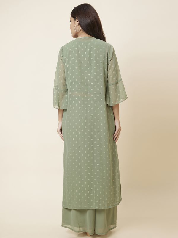 Globus Women Olive Ethnic Set with Sleeveless Crop, Sharara and Jacket