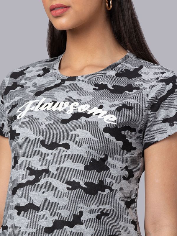 Globus Women Black Printed Round Neck Casual Regular Fit Tshirt