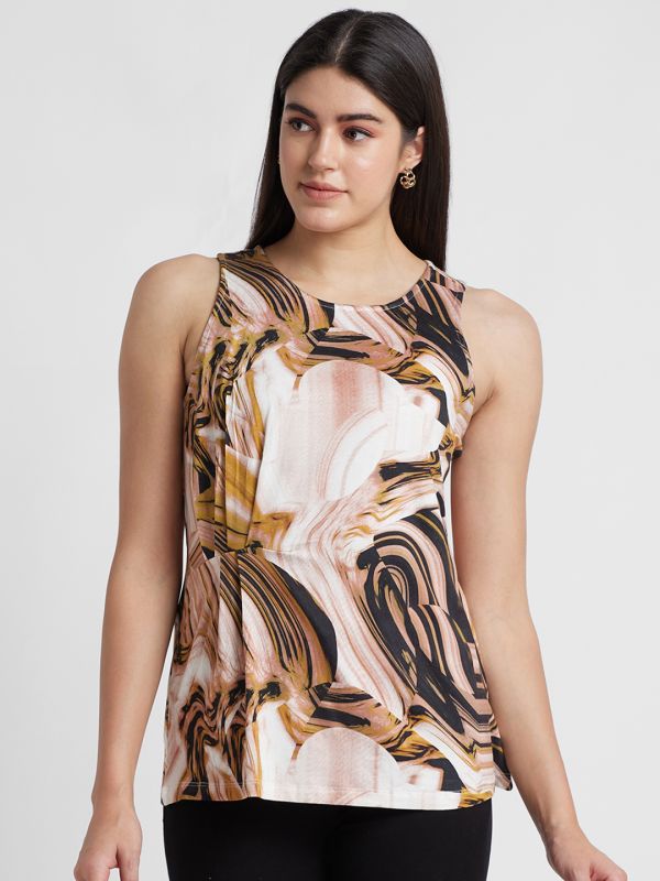 Globus Women Brown Printed Round Neck Sleeveless Top