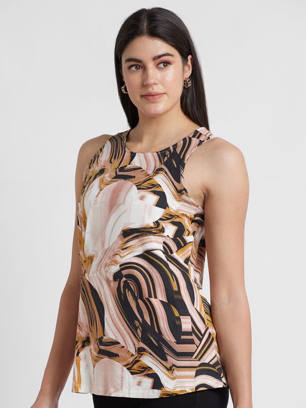 Globus Women Brown Printed Round Neck Sleeveless Top